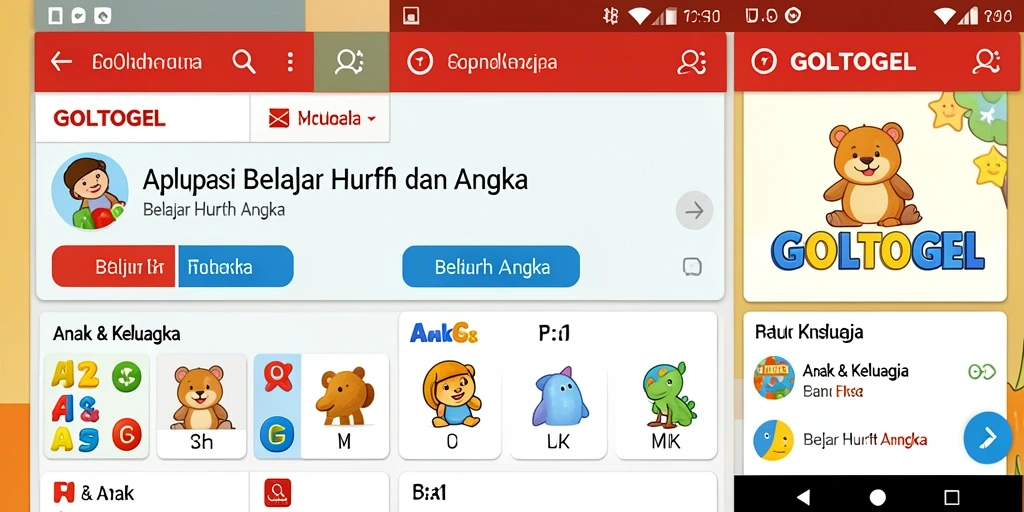 Tampilan antarmuka GOLTOGEL yang interaktif untuk belajar huruf dan angka.