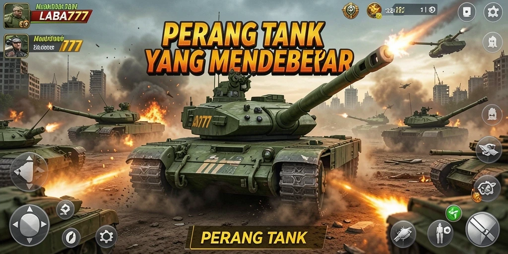 Screenshot utama LABA777 menampilkan pertempuran epik tank yang intens.