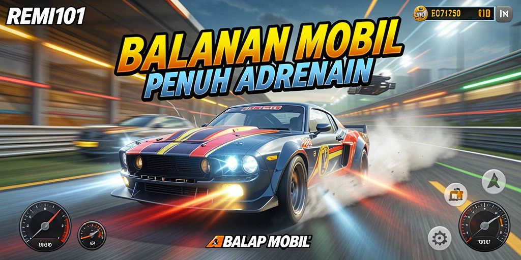 Tampilan antarmuka REMI101 saat balapan dengan mobil yang melaju kencang.