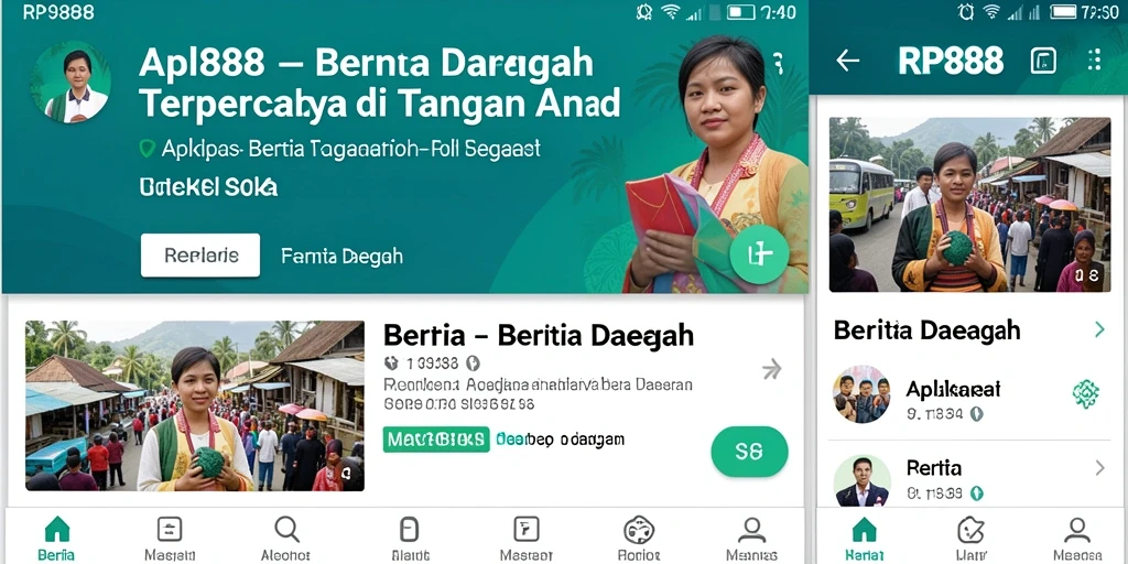 Tampilan antarmuka aplikasi RP888 dengan berita daerah terkini.