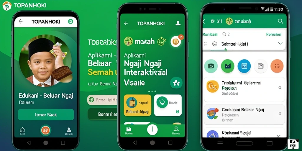 Screenshot utama aplikasi TOPANHOKI menampilkan antarmuka belajar ngaji yang interaktif.